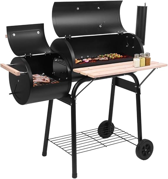 18" BBQ Charcoal Grill and Offset Smoker with Side Tables, Oil Drum Charcoal Furnace for Outdoor Camping Backyard Griller Party Picnic Patio Enjoy Cooking Anytime, Anywhere,Black