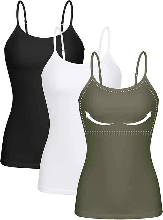 ATTRACO Women 3 Pack Cotton Camisoles Shelf Bra Adjustable Spaghetti Strap | Cotton, Built in Shelf Bra, Adjustable Spaghetti Strap, Breathable, Soft, 4-Way Stretch, Undershirt, Casual Daily Wear, Work