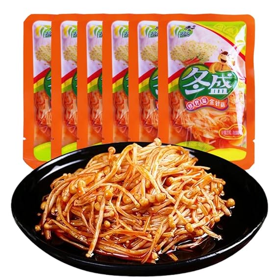 DAMAICHUHAI Spicy Enoki Mushroom Snack, 30g Per Pack, 6 Packs - Chinese Mushroom Crisps, Enoki Mushroom Snack, Hot & Savory, Ready to Eat, Vegan, Gluten-Free