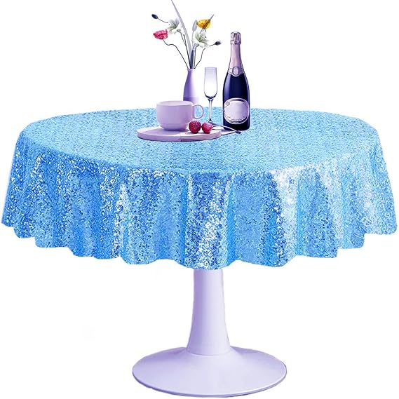 Light Blue Sequin Tablecloth Round 48 inch Glitter Shimmer Tablecloth for Wedding Baby Shower Birthday Party Dinners Sparkly Tablecloth