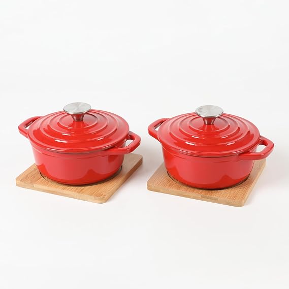 HAWOK Enameled Cast Iron Mini Dutch Oven, Dia5.51, 23oz, with Bamboo Tray, Set of 2, Red