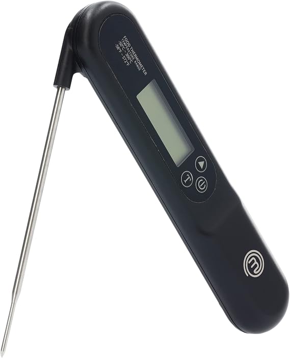 MasterChef Meat Thermometer Digital, Temperature Probe for Food (Steak, Chicken) & Liquids (Coffee, Tea, Milk), Portable BBQ Grill Gadget, Instant Read LED Display (F & C), Foldable, Black
