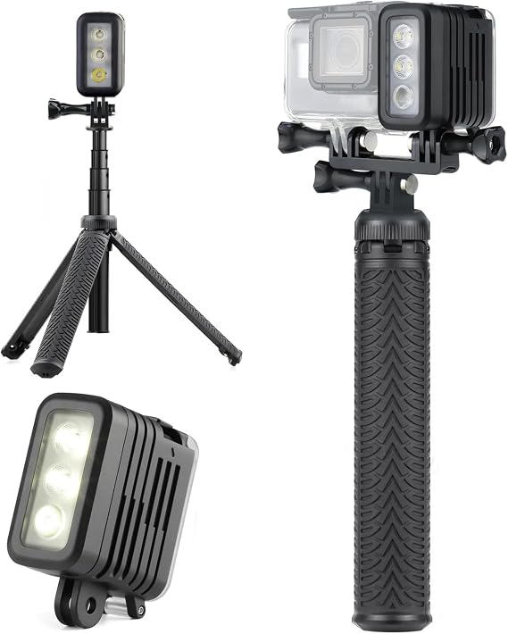 SOONSUN Waterproof Selfie Stick & Rechargeable Diving Light Bundle for GoPro Hero 13 12 11 10 9 8 7 6 5, DJI Osmo Action 5 4 3, Insta360, SJCAM Extendable Tripod Pole & 450LM Underwater Video Light