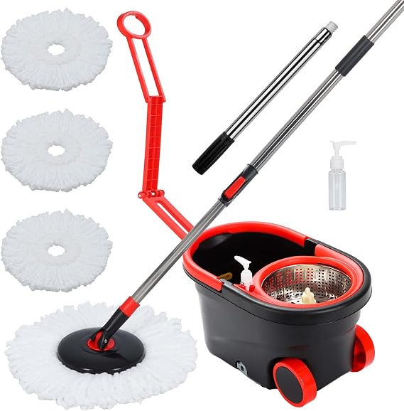 Spin Mop Bucket with Wringer Set, 360 Mop Bucket Floor Cleaning System with 3 Microfiber Replacement Mop Head Refills, 61" Adjustable Stainless Steel Handle, 2X Wheel for Home Cleaning