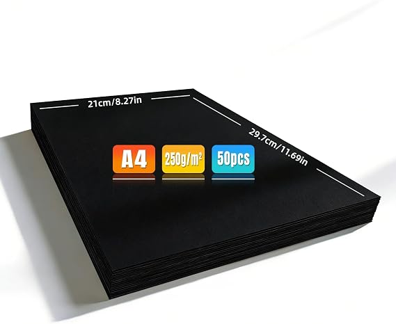 Black A4 Card 250gsm, 50 Sheets Thick Craft Paper