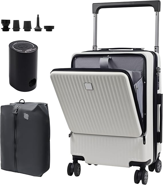 Luggage Suitcase Travel Vacuum Carry: 20 Inch Carry On Rolling Spinner Wheels with Air Vacuum Seal Compression Pump TSA Lock - ABS Hardside Lightweight Expandable Hardshell for Women Men White