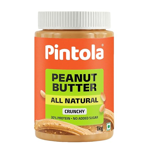 Pintola All Natural Peanut Butter (Crunchy) | Unsweetened | 30g Protein | Non GMO | Gluten Free | Vegan | Cholesterol Free (1kg)