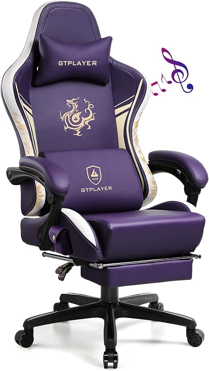 GTPLAYER Gaming Chair Gamer Chair with Bluetooth Speakers and Footrest Dragon Series Office Chair Ergonomic Swivel Chair Computer Chair 150 kg Purple