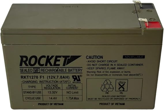 ROCKET RKT1270 12V 7Ah Sealed Lead Acid (SLA) Rechargeable Battery F1 Terminal AGM, Maintenance-Free, Backup Power for UPS, Alarm, and Security Systems