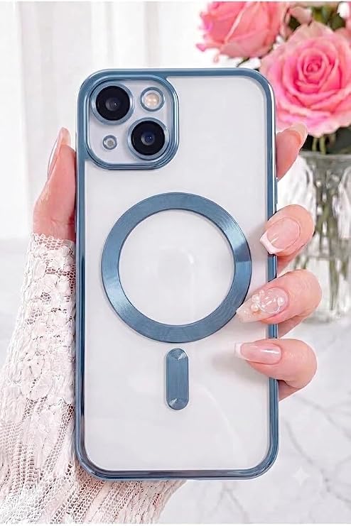 iPhone 15 Kılıf Kamera Lens Korumalı Manyetik Şarj Kilifi Şeffaf Renkli Yumuşak Kapak Mavi