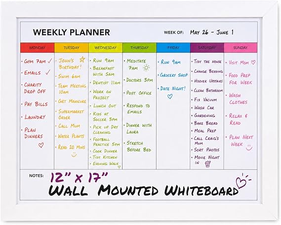 Weekly Dry Erase Board for Wall [17in x 12in] Weekly Whiteboard Planner and Magnetic Calendar - Days of The Week White Board for Schedule, Daily Meal Planner - Includes Full Mounting Kit