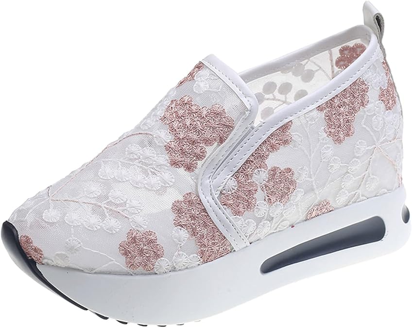 Wedge Sneakers for Women Fashion Lace Floral Embroidery Shoes Casual Platform Hidden Heel Womens Slip On Sneaker Breathable Orthopedic Sneakers for Women Comfortable Work Shoes