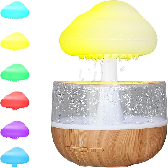 3 in 1 Rain Cloud Humidifier Water Drip, Mushroom Rain Cloud Humidifier, Raining Clouds Night Light/Essential Oil Diffuser, Desk Bedside Clouding Lights for Sleeping Relaxing Mood w/ 7 Colors