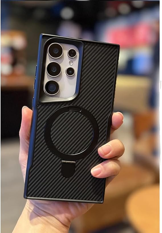 Coverzone Galaxy S25 Ultra ile uyumlu Kılıf Karbon Fiber Görünümlü Magsafe ile uyumlu Stand olabilen Carbon Case Tam Gövde Koruyucu Telefon Kılıfı Black