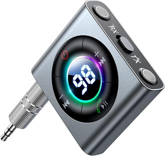 JOYROOM Bluetooth 5.3 Transmitter and Receiver 2 in 1 [LED Screen & Enhanced Dual Mics] Wireless Audio Adapter for Car/TV/Home Stereo/Headphone/Speaker/Airplane/Boat/Gym, AUX Bluetooth Adapter