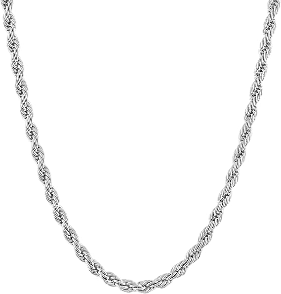 KISPER White Gold Rope Chain Necklace for Men 5mm Plated Stainless Steel