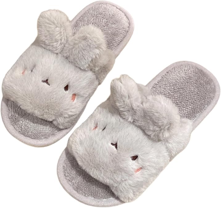 Cute Bunny Open-Toe Slippers Rabbit Warm Winter Wear Soft Plush Comfort Stuff Slippers Cozy Fluffy Home Indoor House Shoes