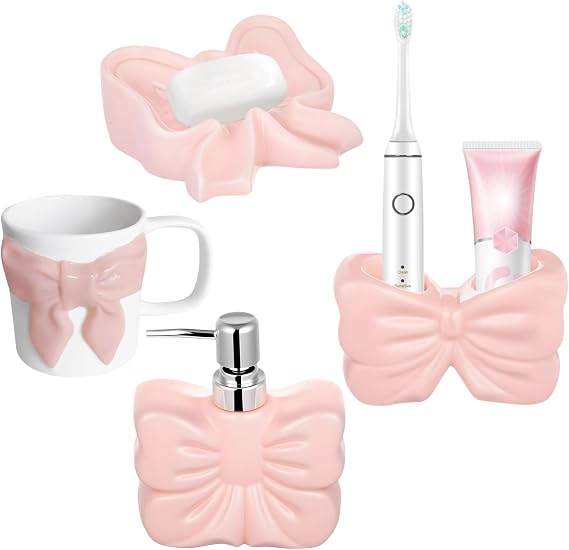 4 Pcs Bathroom Countertop Accessories, Pink Set with Bowknot, Includes Ceramic Soap Dispenser, Soap Dish, Toothbrush Holder, and Cup