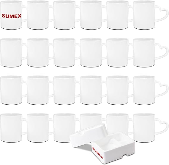 Sumex 11oz Set of 24 Sublimation Blanks White Ceramic Coffee Mug with Heart Handle for Tea, Milk, Latte, Hot Cocoa