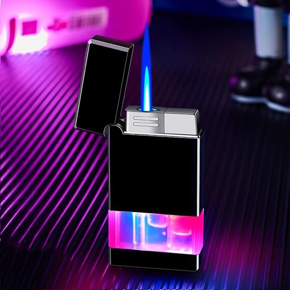 Jet Flame Torch Lighter, Creative Gradient Lighter, Windproof Portable Butane Candle Lighter, Refillable Gas Lighter with Fuel Visual Window for BBQ, Fireplaces, Camping (Without Gas) (Black)