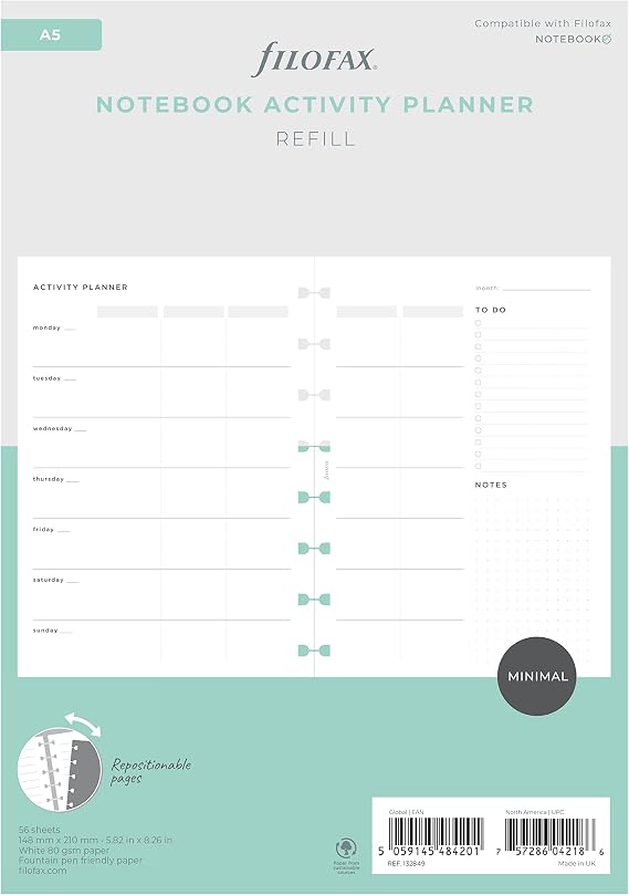 Filofax Lifestyle Refill, A5 Size, Notebook Refill, White Paper, Activity Planner, 56 Sheets (B132849)