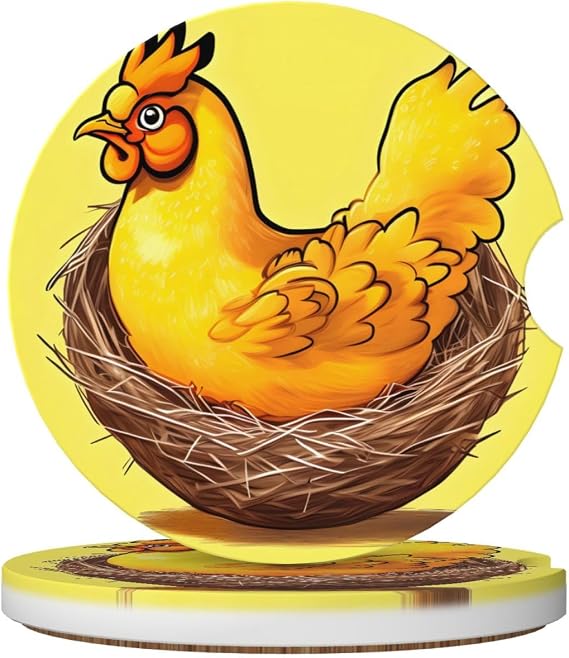 Bird's Nest Golden Chicken 2 Pack Absorbent Car Coasters for Women/Men, Funny 2.56" Ceramic Stone Car Cup Holder with A Finger Notch, Car Coaster for Drinks