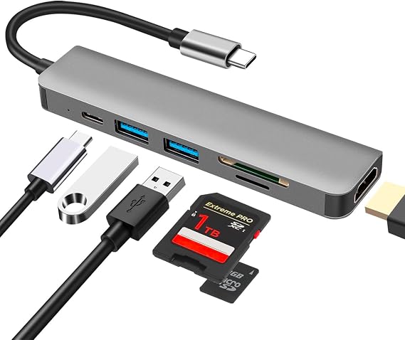 6 in 1 USB C Hub Multiport Adapter with 4K HDMI SD/TF Card Reader | 100W PD Charging USB 3.0 And USB 2.0 Ports USB C Adapter For MacBook Pro/MacBook Air/XPS And More