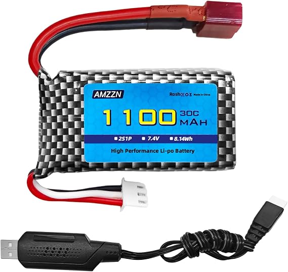 7.4V 2S 1100mAh 30C Lipo Battery T-Plug with USB Charger for 18859 18858 16889 300E 302E HS181 2845 Q903 Q901 1/10,1/12,1/16,1/18 RC Cars,Trucks,High-Speed Vehicles (1PCS Battery+1USB)