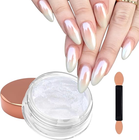 Laza White Chrome Nail Powder Glazed Donut Nails Metallic Effect Pigment Shimmer Pearlescent Mica Powder Iridescent Aurora Nail Glitter Fairy Dust Gel Nail Art Supplies Nail Techs Pearl Chrome