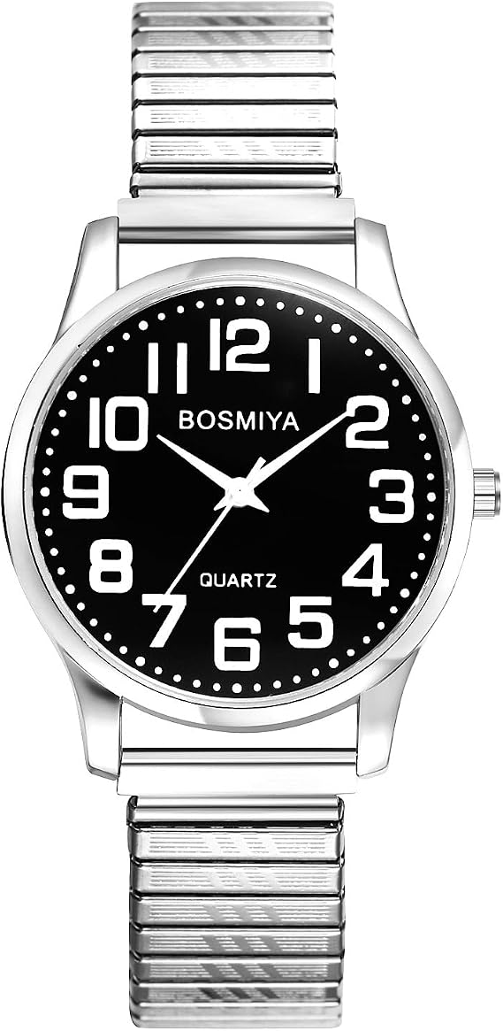 JewelryWe Pair of Watches with Elastic Strap Men Women Analogue Quartz Wristwatch Stainless Steel Stretch Bracelet Senior Partner Watches with Black Large Numbers Dial and Stretch Bracelet