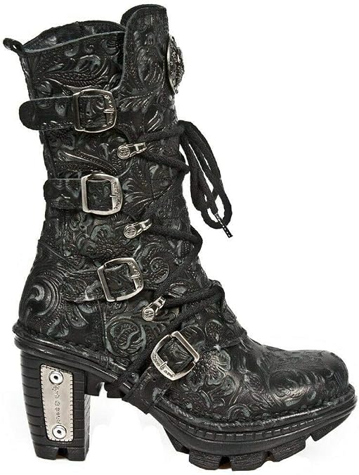 New Rock NEOTR005-S25 Vintage Floral Black Gothic Rock Punk Ladies Leather Fashion Calf Boots