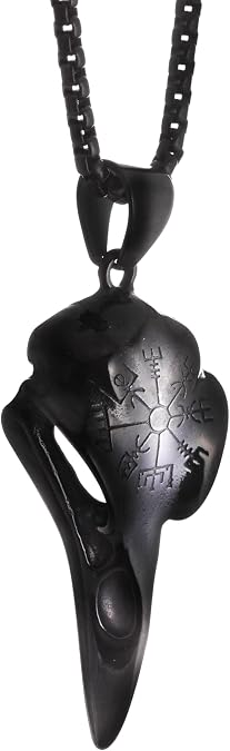 HAQUIL Helm of Awe Necklace, Stainless Steel Viking Raven Skull Aegishjalmr Protection Talisman Pendant, Box Chain, Viking Jewelry for Men