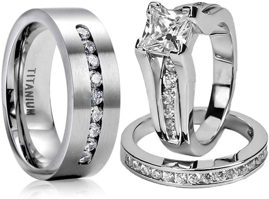 Couple Ring Bridal Set His Hers Women White Gold Plated Cz Men Titanium Wedding Ring Band Set