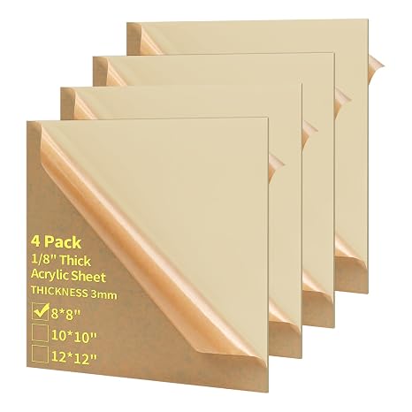 1/8 Thick 8 x 8 inch Acrylic Sheets - 4 Pack Plexiglass Sheets for Creative DIY Projects Laser Cutting Engraving UV Printed Signs Crafts Badges, Beige