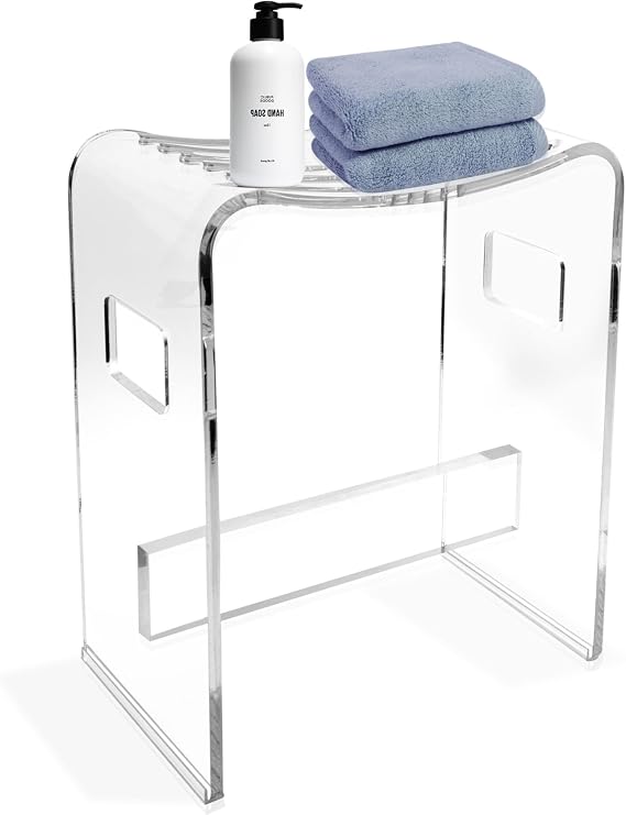 StarK Acrylic Shower Stool up to 120kg - Non-Slip Shower Stool Modern design made from 10 mm Lucite acrylic with ergonomic seat drain slots and practical handles for added comfort