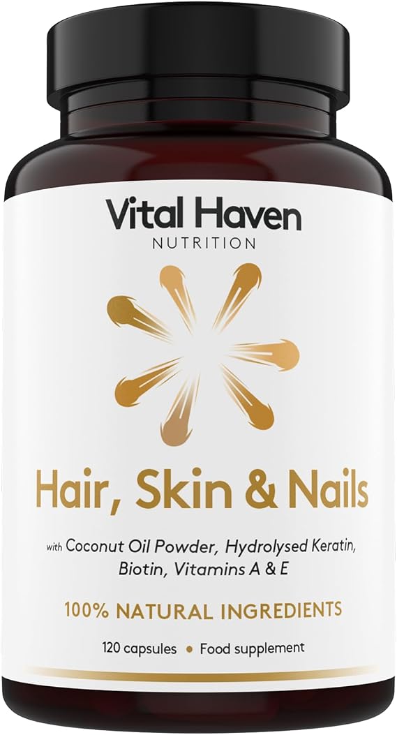 Hair, Skin & Nails Supplement - Biotin + Keratin + Vitamin A, E & Coconut Oil - UK Made