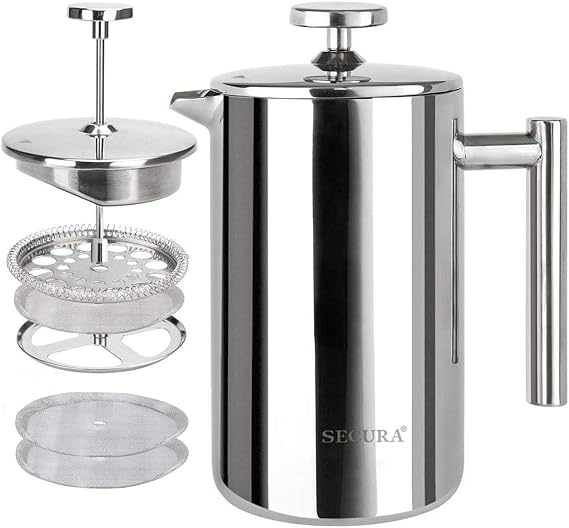 Secura French Press Coffee Maker, 304 Grade Stainless Steel Insulated Coffee Press with 2 Extra Screens, 12oz (0.35 Litre), Silver