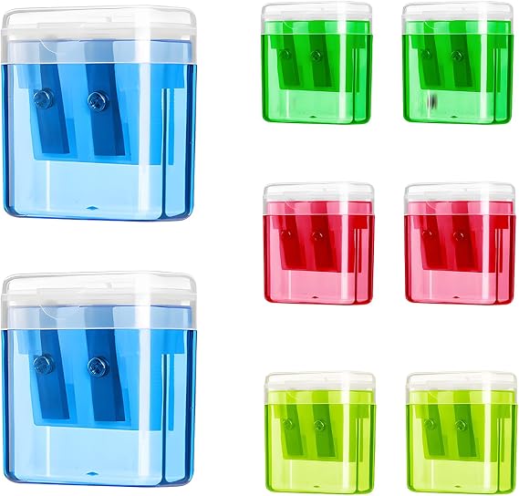 Practical Pencil Sharpener with Container - Set of 8 Double Hole Pencil Sharpeners for Pencils Colouring Pencils and Children - Compact and Portable for School Office and Home