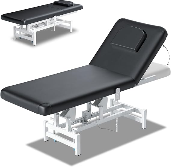 Electric Lift Massage Physical Therapy Table with Adjustable Backrest, Lockable Wheels, 4'' Think Premium Foam, 1500Lbs Capacity Professional Electric Massage Bed Commercial Home Use, Black