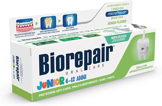 Biorepair: Oral Care Junior 7-14 Years Toothpaste, Fluoride Free, with Mint Extract - 2.53 Fluid Ounces (75ml) Tube [ Italian Import ]