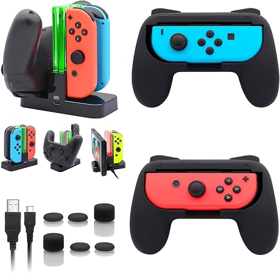 FASTSNAIL Charging Dock and 2 Pack Switch Grips Kit for Nintendo Switch Joy Con & OLED Model, Charger Stand Station with Charging Cable, Wear-Resistant Grip Controller with 6 Thumb Grip