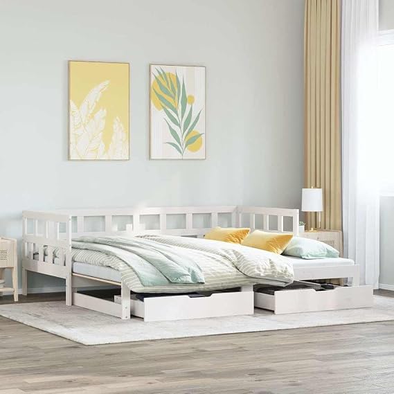 Day Bed Extendable White 90 x 190 cm with Solid Pine Wood Drawers, Slatted Frame Included, Space-Saving 2-in-1 Sofa and Guest Bed for Living Room and Bedroom