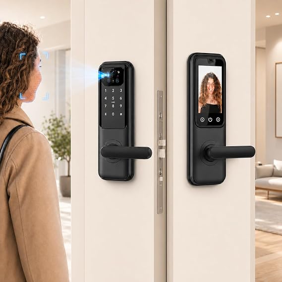 3D Face Recognition Keyless Entry Smart Door Lock Fingerprint Door Lock Features Built-in Doorbell Door Lock Direct Wi-Fi Lock with Video Intercom Live Surveillance Interaction,Single Latch.