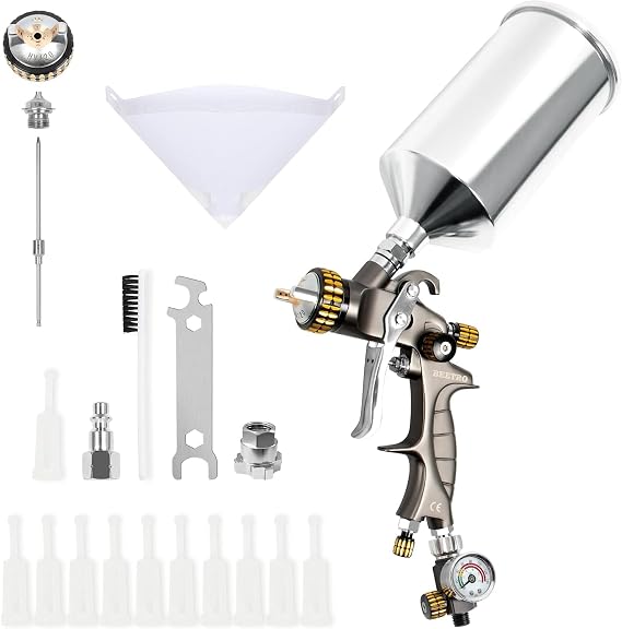 BEETRO HVLP Air Spray Gun 1.4mm/1.0mm Nozzle 1000ml Capacity 14.5CFM 30-43psi with 11 Filters 10pcs 190M Paint Strainers Air Control Valve 1/4" Connector and Type 2 Adapter...
