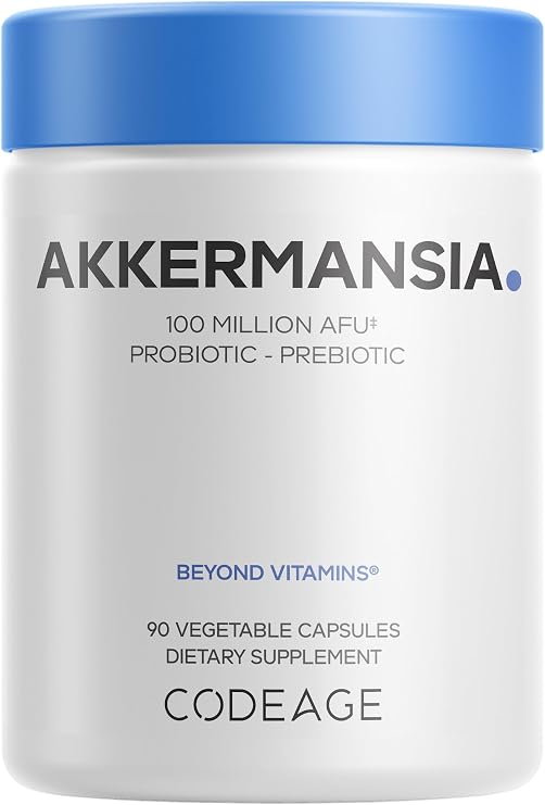 Codeage Akkermansia Muciniphila, 100M AFU, Chicory Inulin, 90 Capsules | Akkermansia muciniphila 100 million AFU with chicory inulin prebiotic. Three-month supply, 90 shelf-stable capsules.
