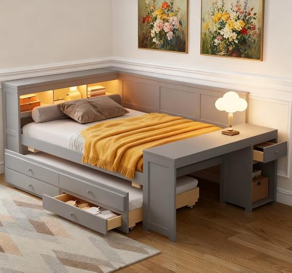 Bellemave Full Corner Bed Frame, Twin Size Captain beds with Storage Cabinets and Desk, Wood Daybed with Bookcase Trundle and Drawers, Gray