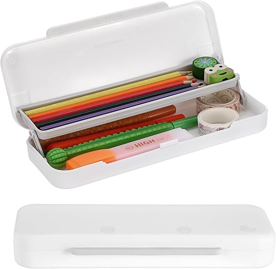 BTSKY Little Duck Double Layers Plastic Pencil Box Cute Pen Box Organizer Plastic Storage Box with Compact Size for Pencils, Erasers, Paper Clips and Other Small Stationery Supplies, White