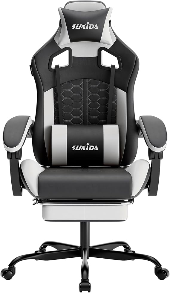 SUKIDA Ergonomic Gaming Chair for Adult, Comfortable Desk Chair with Massage, Comfy Headrest and Lumbar Support Pc Office chairs with Footrest, Height Adjustable Rotating Task Chairs