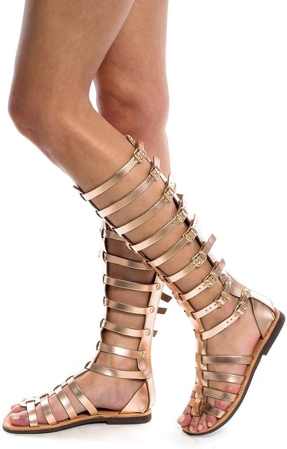 Sandals Women Dressy Summer Flat Strappy, Summer Women's Roman Sandal Strap Casual Knee-High Sandals Peeptoe