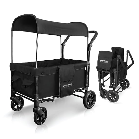 WONDERFOLD W1 Original Stroller Wagon (2 Seater) - Wagon Stroller with Seats with 5-Point Harnesses, Adjustable Push Handle, and Sun Canopy, Jet Black
